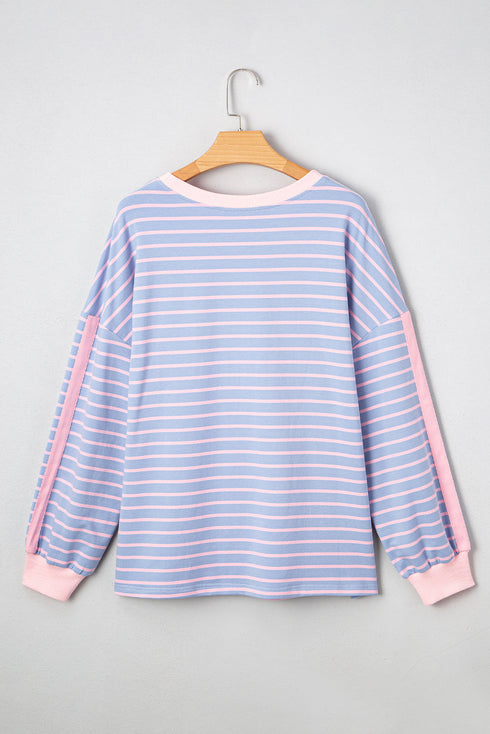 Slouchy Striped Contrast Trim Oversized Loungewear Pullover Top